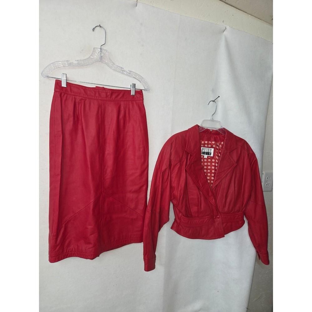 Pelle Cuir Leather Skirt Suit Women 8/M Red Cropped Jacket Pencil‎ Skirt Vintage